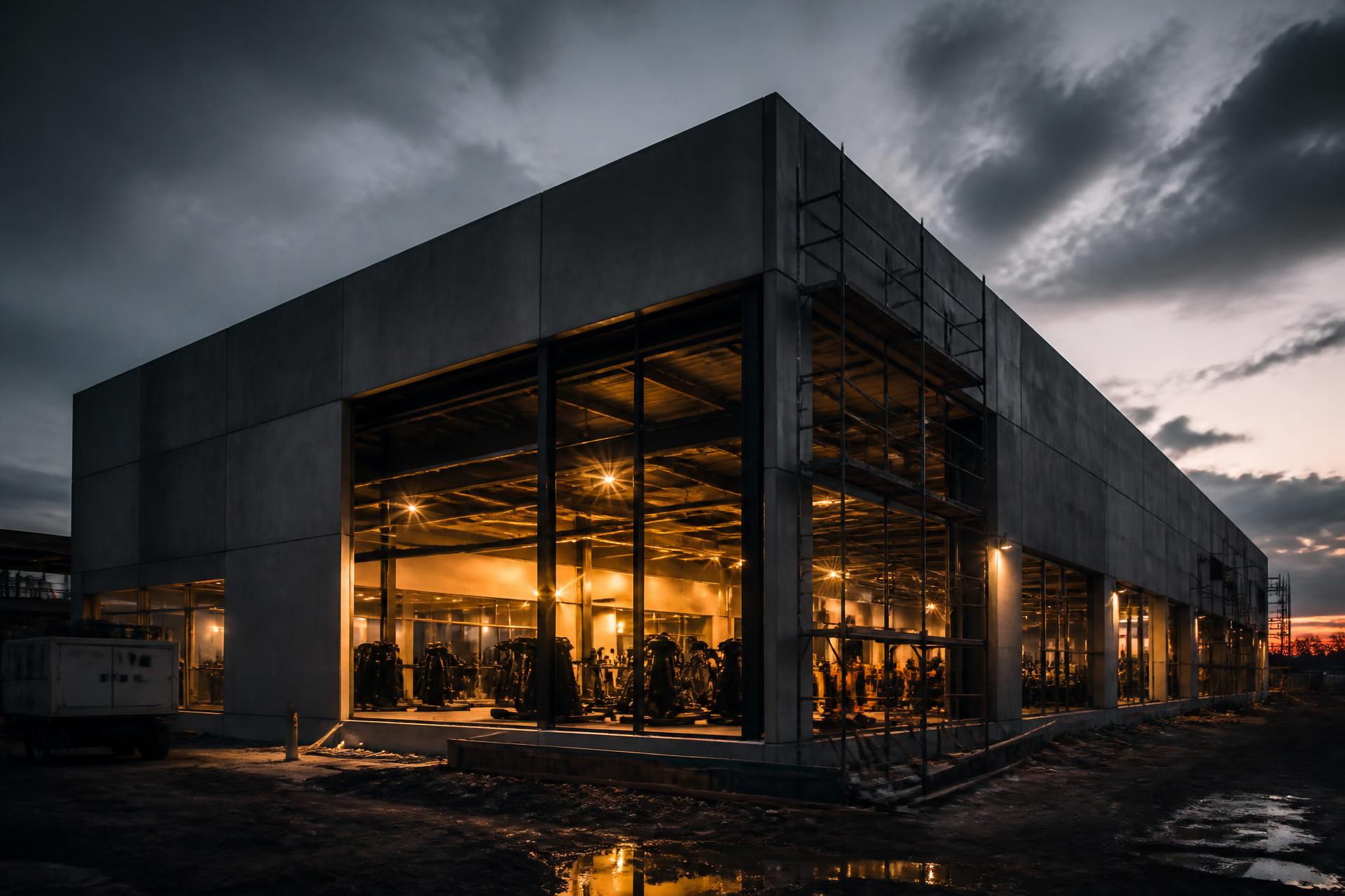 Fachada da nova unidade Power Fitness em Formiga, Minas Gerais, ainda em obra ao anoitecer